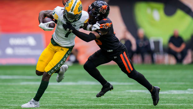 Jun 17, 2023; Vancouver, British Columbia, CAN; BC Lions defensive back TJ Lee (6) tackles Edmonton Elks receiver Steven Dunbar Jr. (7) in the second half at BC Place. BC won 22-0. Mandatory Credit: Bob Frid-USA TODAY Sports  
